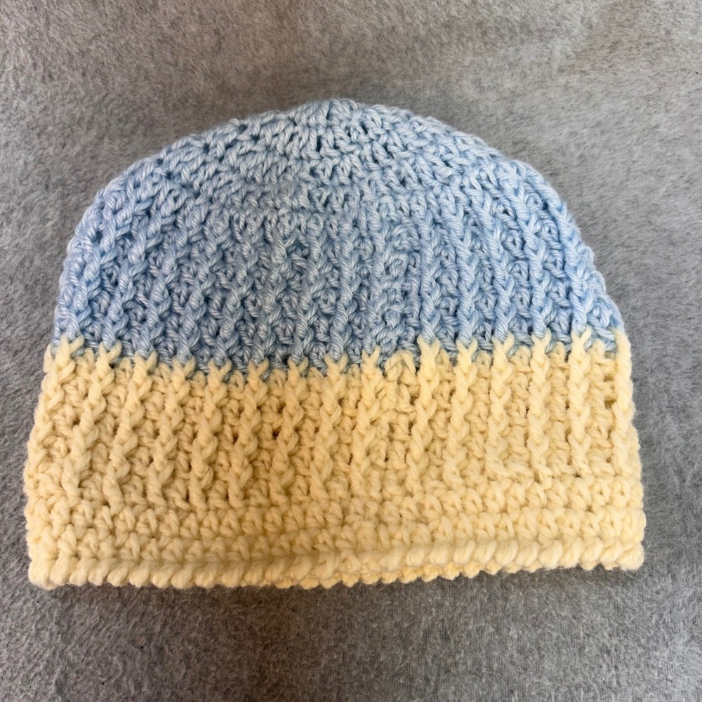 Two Tone Blue Cream Mens Handmade Beanie Crochet Ribbed Knit Hat OSFM 1330